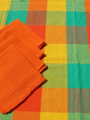 MEXICAN TEXTILES / Cotton Tablecloth with napkins Plaid Yellow Green Orange 47'' Square (4 people)